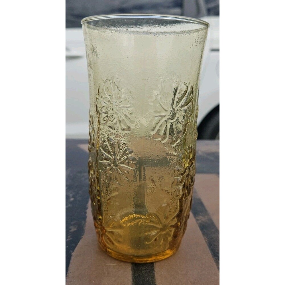 Vintage Anchor Hocking Amber Floral Glass Vase Tumbler Daisy Pattern Retro 70s - Picture 1 of 5